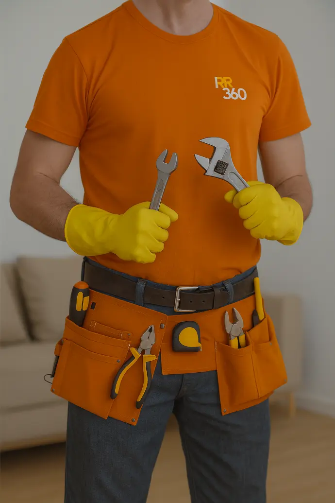 Técnico de RR 360 Servicios realizando mantenimiento en vivienda o negocio, con uniforme naranja corporativo