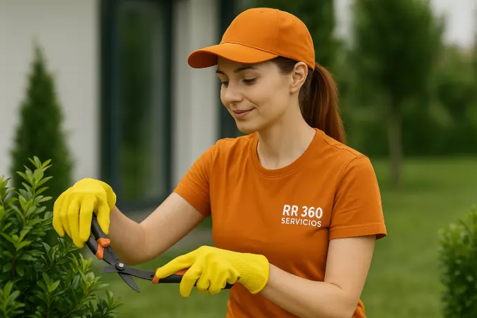 Mujer jardinera de RR 360 Servicios podando plantas en un jardín residencial