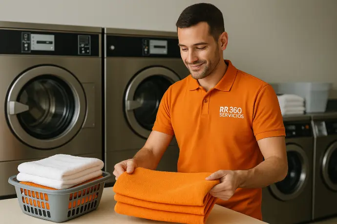 Empleado de RR 360 Servicios doblando ropa en lavandería industrial moderna