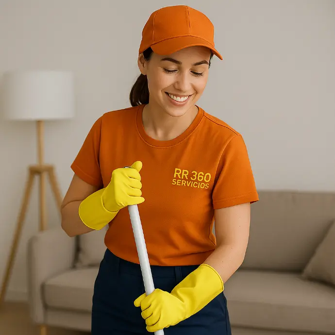Trabajadora de RR 360 Servicios limpiando un salón con productos ecológicos, uniforme naranja