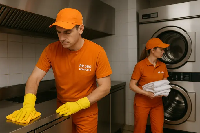 Personal de RR 360 Servicios limpiando cocina profesional con uniforme naranja corporativo