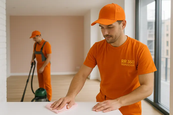 ersonal de RR 360 Servicios limpiando un piso recién reformado con uniforme naranja corporativo