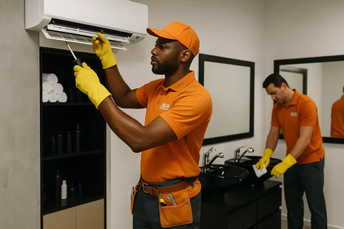 Técnicos de RR 360 Servicios revisando aire acondicionado y limpiando una peluquería moderna